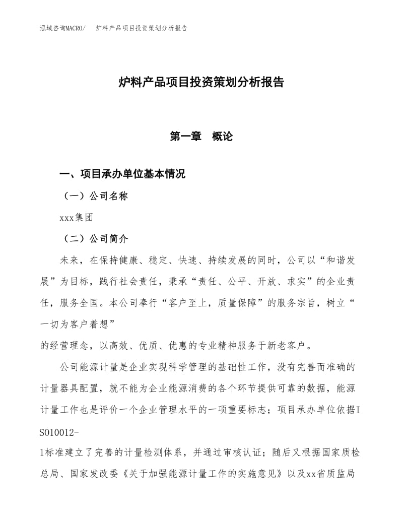 爐料產(chǎn)品項(xiàng)目投資策劃分析報(bào)告范文模板